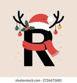 Letra R inicial de vacaciones, fondo beige, gorra de Santa, envoltura de bufanda, astas con adornos, alegre Vector estacional