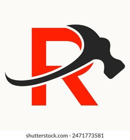 Letter R Home Construction Logo Design With Hammer Symbol