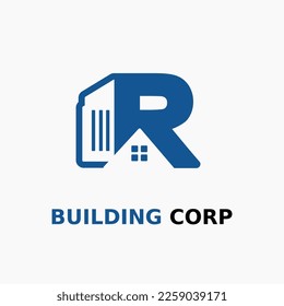 Letter R with House and Building Icon For Architect Construction Home Repair Business Logo Template