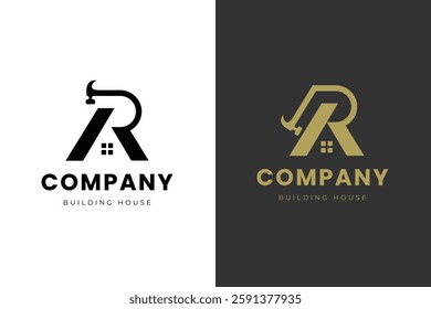 Letter R house with hammer logo icon designs simple line and elegant graphic symbol. building, repairing the home logo template