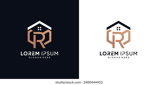 Letter r and house logo design vector illustration with hexagon concept