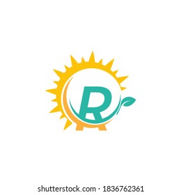 Letter R icon logo with leaf combined with sunshine design concept