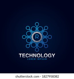 Buchstabe R Anfangslogotype, digitale abstrakte Technologie, Dotmolekül, Vektorlogo-Vorlage
