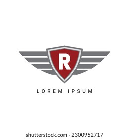 Letter R initial shield with wings logo design