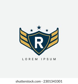 Letter R initial shield with wings logo design