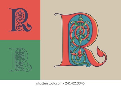 Letter R initial with trailing vines of thistle plant. Medieval blackletter drop cap based on Bohemian manuscript. Romanesque style dim colors illuminated emblem. Decorative wax seal monogram logo.