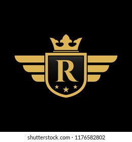 Letter R initial wing with shield and crown, Luxury logo design vector 