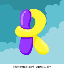 letter R initials Purple and yellow balloons are interlaced to form letters floating isolated on sky and clouds background, vector logo letter typography illustration.