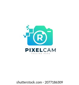 Letter R Inside Camera Photo Pixel Technology Logo Design Template