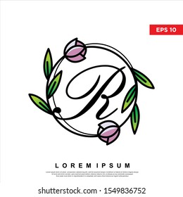 letter r inside floral frame logo. modern icon, template design
