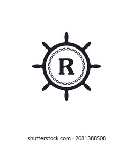 Letter R Inside Ship Steering Wheel and Circular Chain Icon for Nautical Logo Inspiration