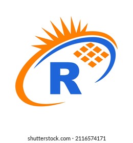 Letter R Inside Solar Cell or Solar Panel Energy Logo Design. Letter R Logo with Solar Elements, Sun, Solar Panels Sign