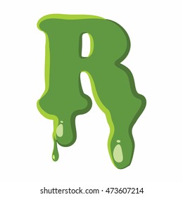 Letter R from latin alphabet with numbers and symbols made of green slime. Font can be used for Halloween design and other purposes