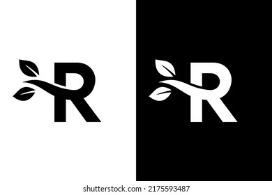 Letter R leaf concept black and white. Very suitable for symbol, logo, company name, brand name, personal name, icon and many more.