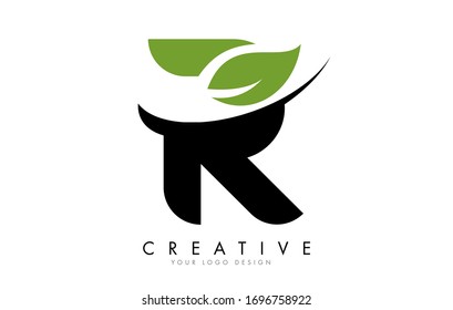 Letra R con diseño de logotipo de hoja y Swoosh creativo. Ilustración vectorial de letra eco.