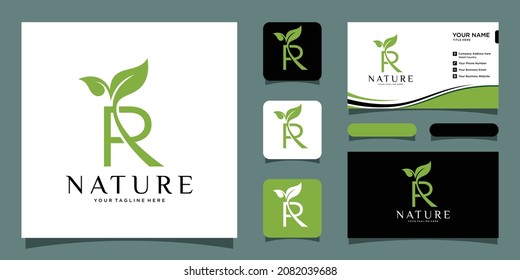 Letter R Leaf Initial Logo Design Template with business card design.