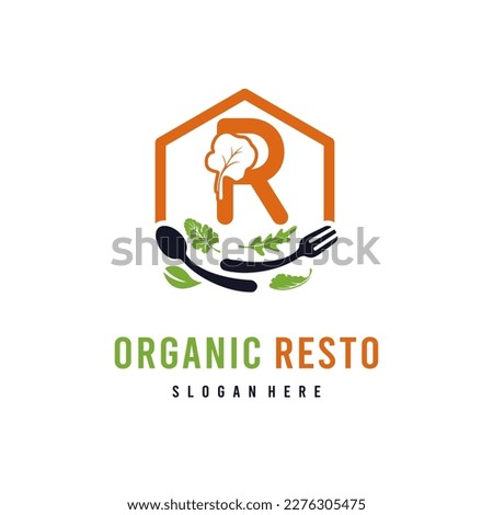 Letter R with Leaf Vegetable for Organic Vegan Food and Resto Business Logo Idea Template	
