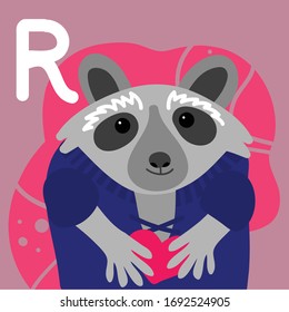Letter R. Learning English alphabet with colorful animals. Vector cartoon Raccoon.