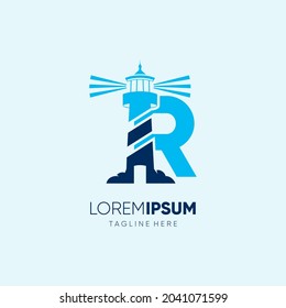 Letra R Logotipo de faro Diseño Icono de vectores Ilustración gráfica Emblema
