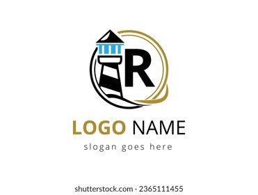 Plantilla de vectores de diseño de logotipo de faro R de carta. Logo vectorial moderno para negocios, organización o sitio web