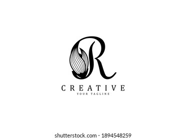 Letter R linked floral calligraphy, Design logo template