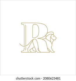 Letter R with Lion luxury elegant line art outline logo design concept. Vector illustration