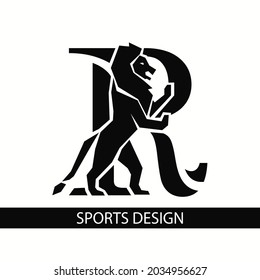 Letter R with Lion. Sporty Design. Creative Black Logo with Royal Character. Animal Silhouette. Stylish Template for Brand Name, Sports Club, Business Cards, Printing on Clothing. Vector Illustration