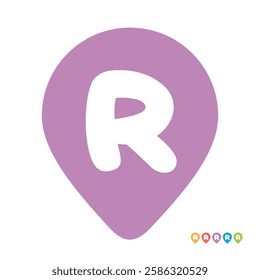 Letter R location map pin symbol, initial r gps pointer icon vector illustration, alphabet R combined with purple map marker sign
