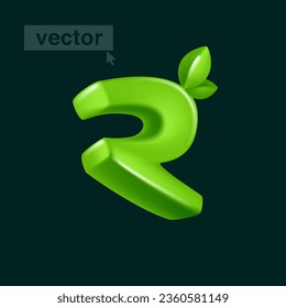 Logo de la letra R 3D representado en dibujos animados de estilo cúbico con hojas verdes. Ilustración vectorial ecológica. Formas isométricas imposibles. Pancarta perfecta para la naturaleza, etiquetas de comida saludable, jardín y hierba adv.