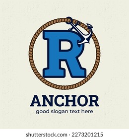 Letter R logo with anchor illustration logo design template, nautical logo concept, vintage style.