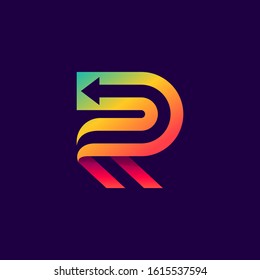 Letter R logo with arrow inside. Vector bright colours typeface for delivery labels, business headlines, finance posters, sport cards etc.