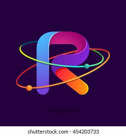 Letter R logo with atoms orbits lines. Bright vector design for science, biology, physics, chemistry company.