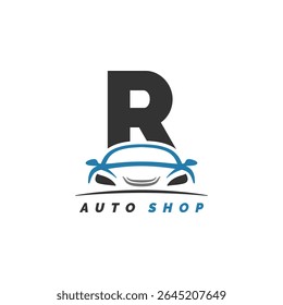 letra R logotipo auto mecânico com design de carro. Alfabeto R ícone de estilo de carro automotivo