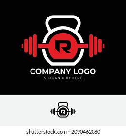 Letter R Logo With barbell and kettlebell | Fitness Gym Logo | Vector Illustration of r Logo Design