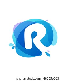 Letter R logo at blue water splash background. Vector ecology elements for posters, t-shirts, ecology presentation or card.