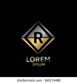 Letter R logo. Brand symbol with golden and silver elements, Vector illustration