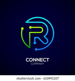 Letter R logo, Circle shape symbol, green and blue color, Technology and digital abstract dot connection