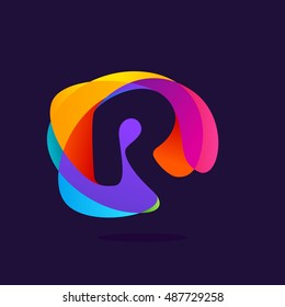 Letter R logo at colorful multicolor splash background. Negative space design. Vector elements for posters, t-shirts and cards. 