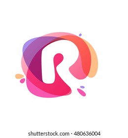 Letter R logo at colorful watercolor splash background. Vector elements for posters, t-shirts and cards. 