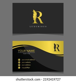 Letter R Logo Combined with Feather Silhouette and business card template. Elegant Monogram Vector Logo Design.
