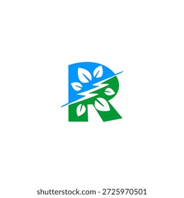 Letra R logotipo combinando um raio e folha verde. Design vetorial para energia renovável, eletricidade ecologicamente correta e start-ups tecnológicas sustentáveis.