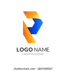 letter R logo concept with 3d orange and blue color style