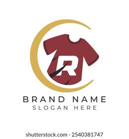 Letter R Logo Concept With T-Shirt. Alphabet R garments moon face icon design