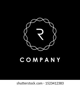 Letter R Logo With Creative Circle Thin Line Art Frame Template. Vector Illustration