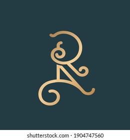 Letter R logo. Decorative creative typographic icon isolated on dark fund. Symbol icon for beauty, spa, elegant, luxury brand. Alphabet initial. Ornate swirl elements. Metallic gold character shape.