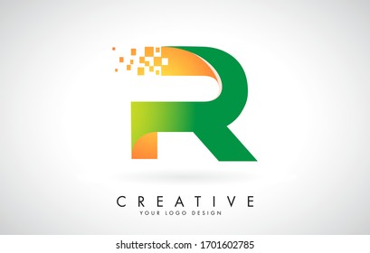 Letter R Logo Design in Bright Colors with Shattered Small blocks on white background.  Vector Illustration Design. Pixel art of the R letter logo. 
