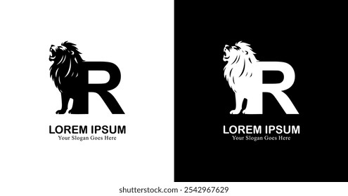 Diseño del logotipo de la letra R combinado con un león