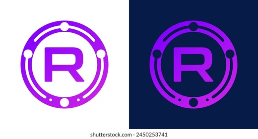 letter R logo design with dotted gradient digital circles, for digital, technology, data