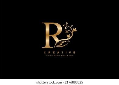 letter R logo design with flowers, leaves and golden feathers in a beautiful and elegant style. monogram R. typography R. initial R logo. suitable for, business, wedding, boutique, company, hotel, etc