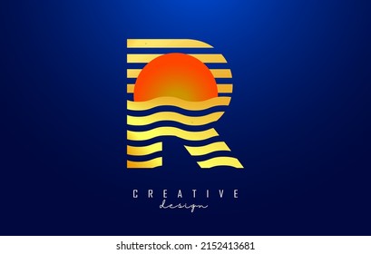 Letter R logo design with golden straight and zig zag lines. Vector illustration with wavy and sunset color lines and half circle.